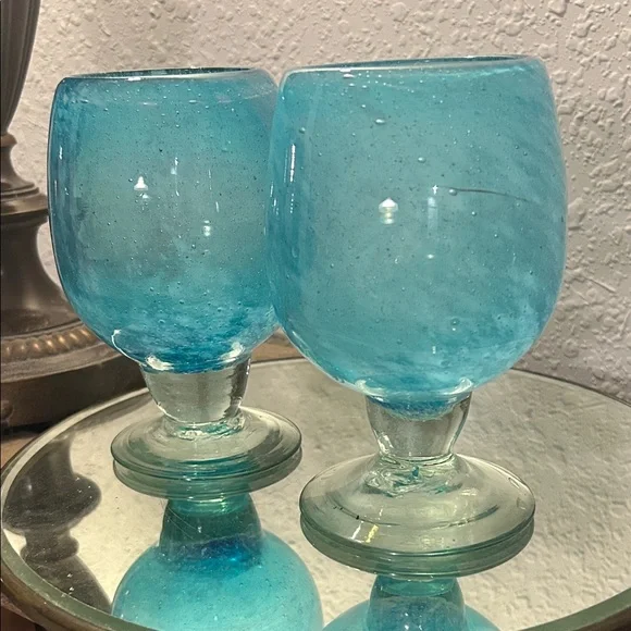 Set of Two Blue Blown Glass Goblets - Picture 2 of 11
